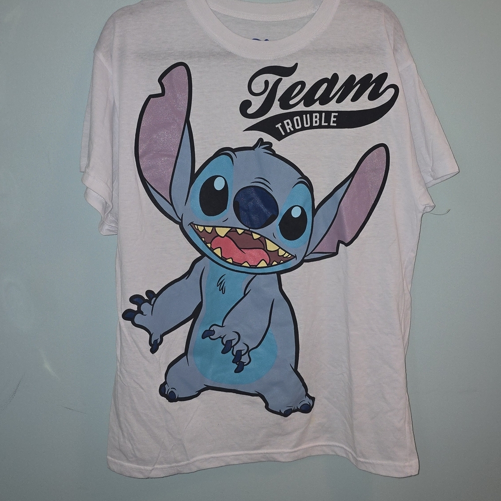Disney White and Blue Stitch Team Trouble Tee NWOT Unisex